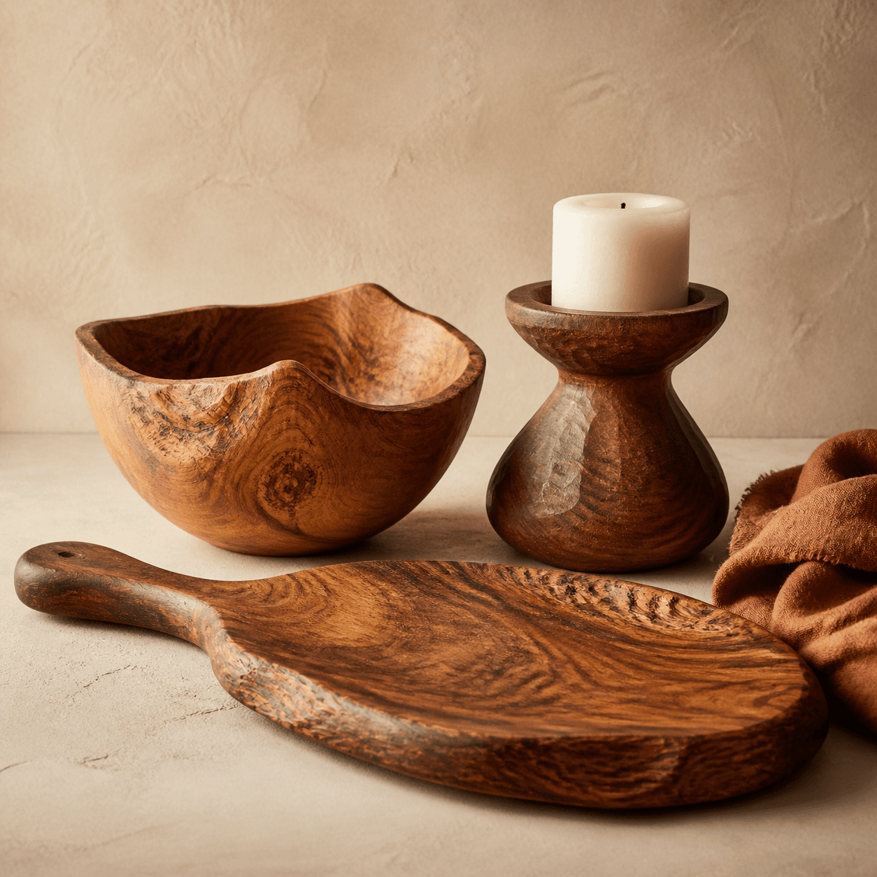 Objetos decorativos tallados a mano en madera
